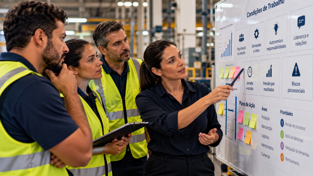 Profissionais de uma indústria analisam informações sobre as condições e a organização do trabalho.
