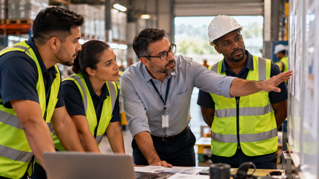 Equipe operacional e gestor analisam o planejamento do trabalho em ambiente logístico.